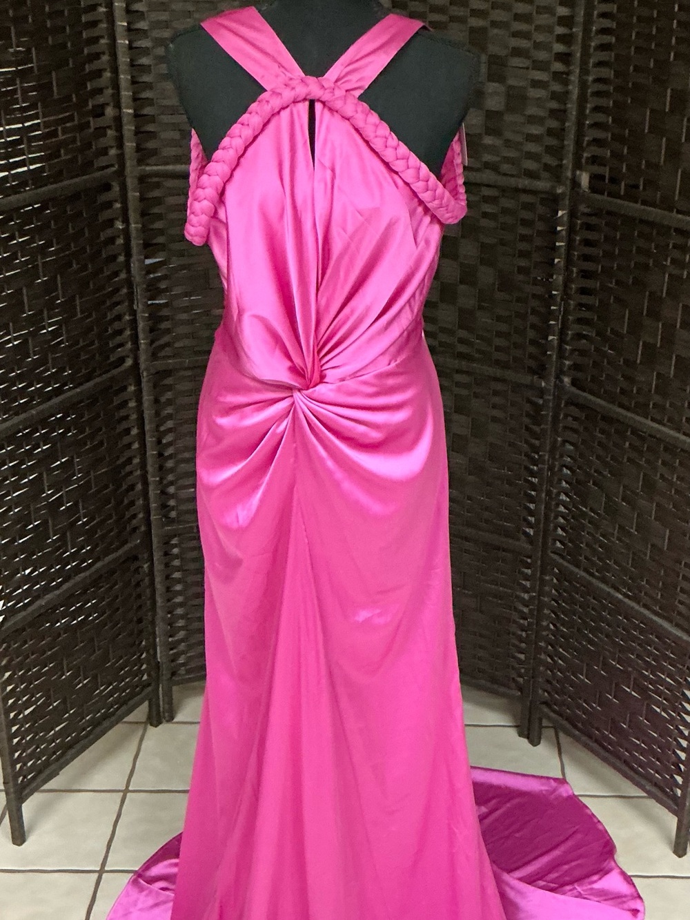 Hot Pink Braided-Strap Evening Gown